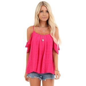 Skies Are Blue Hot Pink Plaid Cold Shoulder Top L